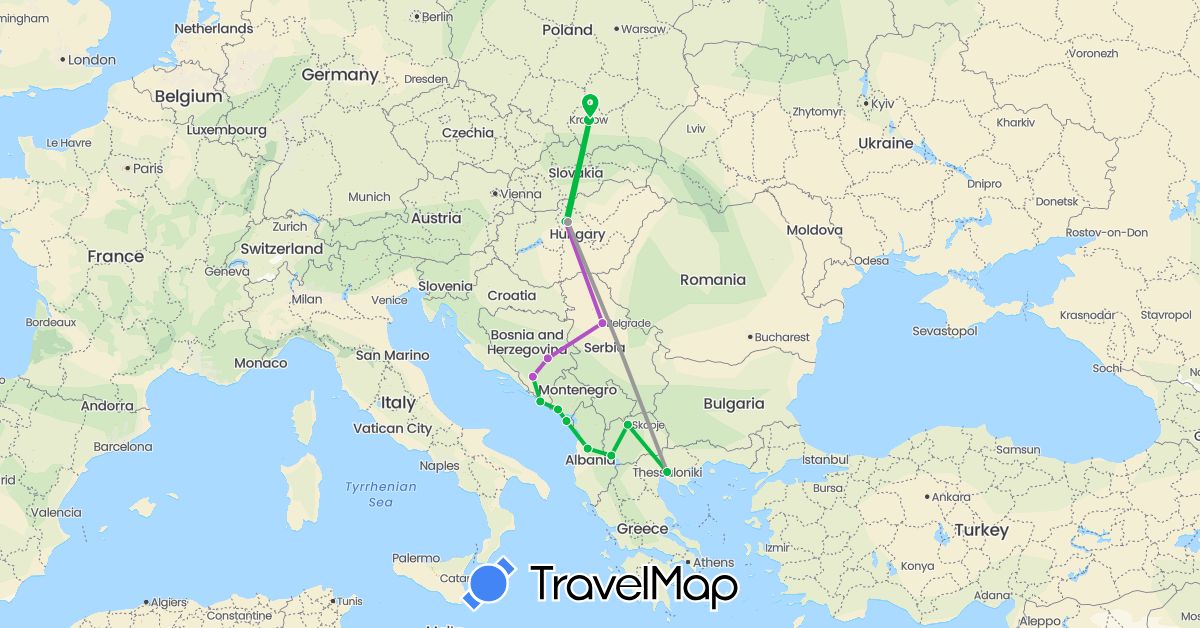 TravelMap itinerary: driving, bus, plane, train in Albania, Bosnia and Herzegovina, Greece, Croatia, Hungary, Montenegro, Macedonia, Poland, Serbia (Europe)