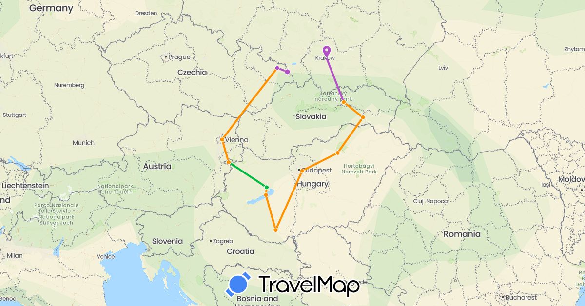 TravelMap itinerary: driving, bus, train, hitchhiking in Austria, Czech Republic, Hungary, Poland, Slovakia (Europe)
